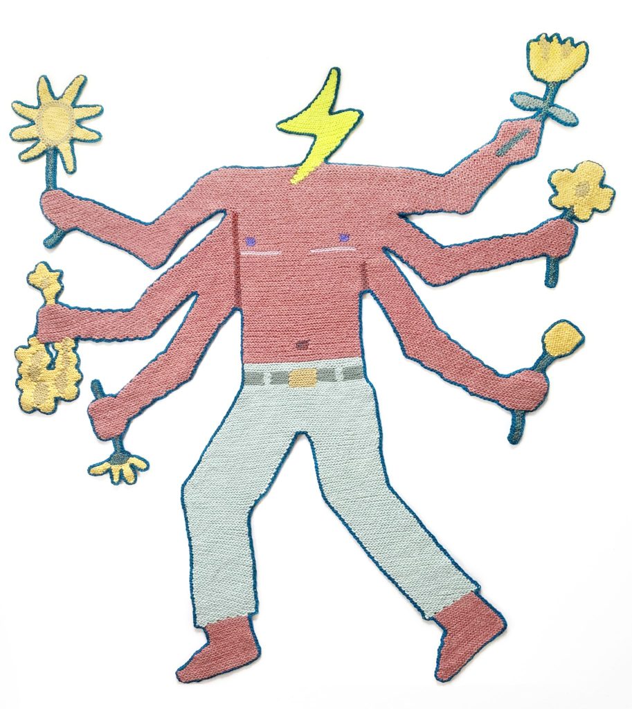 A stylized, cartoonish figure with six arms, wearing light pants and red shoes, holds various yellow flowers. The figure has a lightning bolt for a head and a reddish torso. The background is white.