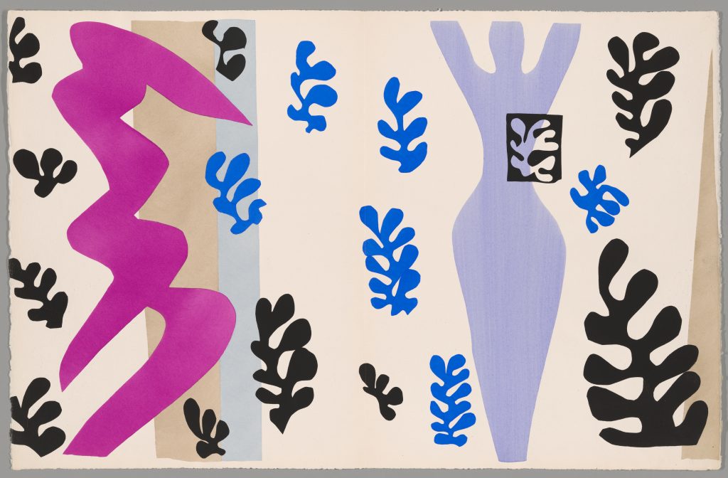 Abstract collage with bold shapes: a large jagged magenta form on the left, a lavender figure on the right, and scattered blue and black organic leaf-like shapes on a white background.